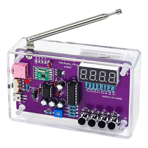 DIY FM Radio Kit, Electronics Soldering Practice Project with RDA5807 Chip, Digital Display, Telescopic Antenna, STEM Science Learning, USB Power, Clear Case, 4.06 by 2.68 by 1.20 in