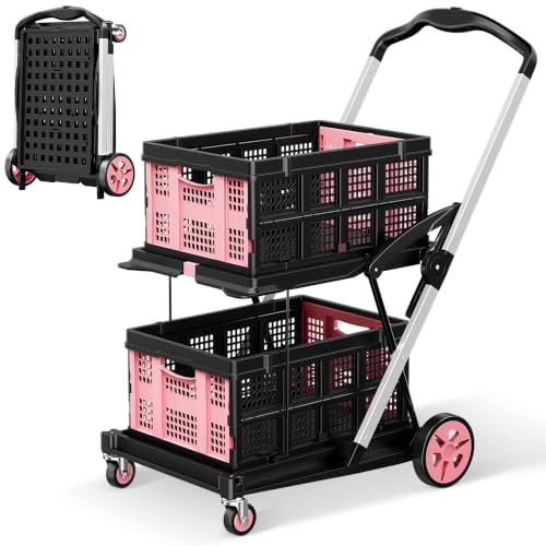 Dkenicor Collapsible Shopping Cart, 8-in-1 200LBS Multi Functional Utility Cart with 2 Storage Crate,Adjustable Handle Grocery Cart on Wheels for Shopping/Warehouse/Office/Supermarket