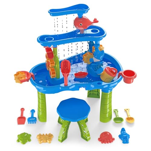 DoBoAoFa 3-Tier Kids Sand Water Table with Chair, Rain Showers Play Table Toy for Sensory Exercise Friendship Building, Summer Beach senssory Toys for Toddler Boys Girls Age 3-5