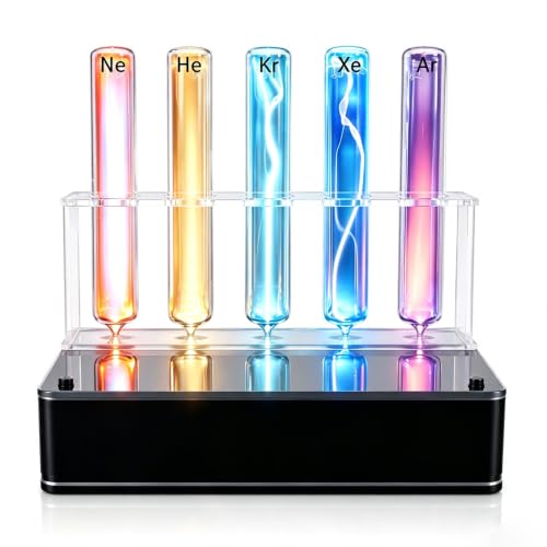 DOJBK 5 Noble Gas Glow Tubes Set, Sealed Gas Discharge Tube, with Excitation Base & Stand, Inert Gas Glow Demonstration, 99.99% Purity, Ne/kr/he/xe/ar, Vacuum Sealed, for Party Decoration