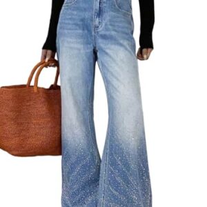 Dokotoo Blue Jeans for Women High Waisted Trendy Wide Leg Embellished Rhinestone Sparkly Bell Bottoms Stretchy Flare Denim Pants 4