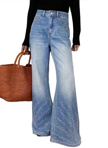 Dokotoo Blue Jeans for Women High Waisted Trendy Wide Leg Embellished Rhinestone Sparkly Bell Bottoms Stretchy Flare Denim Pants 4