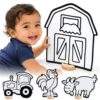 DoodleFace High-Contrast Black & White 3D Farm Animals — Builds Baby Vision Books & Cards Can't. Then Toddler Motor Skills for School. Re-Colorable Barn, Goat, Rooster, Tractor + 10 Crayons.