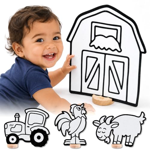 DoodleFace High-Contrast Black & White 3D Farm Animals — Builds Baby Vision Books & Cards Can't. Then Toddler Motor Skills for School. Re-Colorable Barn, Goat, Rooster, Tractor + 10 Crayons.