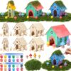 DoubleFill Fairy House Kit, Wood Craft, 6 Sets, 3 Mixed Floral Styles