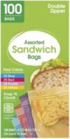 Double Zipper Sandwich Bags, Assorted Colors, 100 Count (Pack of 1)