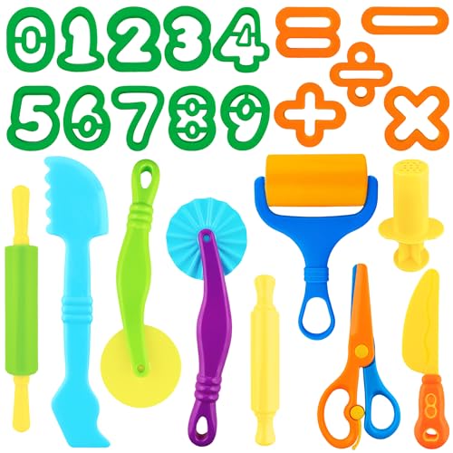 Dough Tools 24pcs Dough Tools Play for Kids Clay Accessories with Rolling Pins,Number Cutters,Roller,Safety Scissors,Plastic Knife