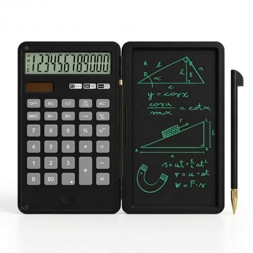 DPEDUAI Calculator with Writing Pad,12-Digit LCD Display, Dual Power Solar + Coin Cell,1-Yr Battery Life Silicone Keys for Comfort Lightweight Portable for Students/Engineers/Professionals (Black)