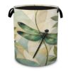 Dragonfly Laundry Basket,Green Leaf Oxford Cloth Foldable Hamper with Handles, Portable Clothes Storage Bucket and Laundry Bag for Bathroom Laundry Room Bedroom Dorm,20.8x16 Inch