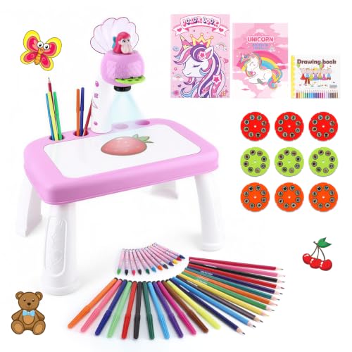 Drawing Projector for Kids - Trace and Draw Projector Board Toy for Toddlers,Complete Arts and Crafts Desk Set with Color Pens,Crayons,Sketchbook,Educational Learning Toys for Girls Ages 3 4 5 6+