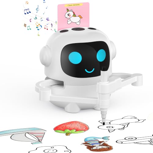 Drawing Robot for Kids with 200 Cards & 12 Color Pens , Educational Drawing Machine with Music Interaction Montessori Painting Learning Toys for 3 4 5 6 7 8 Year Old Gifts for Boys Girls (White)