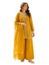 DREAMANGEL FASHION Women Silk Floral Pattern Embroidered Traditional Kurta Palazzo and Dupatta Set (Large, Light Mustard)