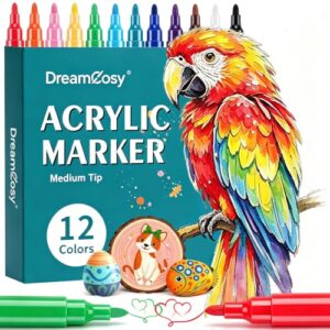 DreamCosy Acrylic Paint Markers, 12 Pack with 12 Colors Medium Tip Acrylic Paint Pens for Painting on Rocks, Canvas, Ceramic, Wood, Glass for Artists and Adults, DIY, Art Supplies