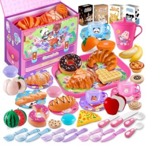 Drefirsa Girl Play Food-Tea Party Set, Plastic Play Kitchen Toy Accessories with Pink Picnic Case, Cutting Fruit, Bread, Pot, Cup, Toddler Girl Toy for 2 3 4 5 6 Year Birthday Gift