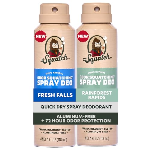 Dr. Squatch Spray Natural Men’s Deodorant – Quick Dry Deodorant Men, Aluminum Free, Dermatologist-Tested – Created for all Skin Types – Fresh Falls + Rainforest Rapids, 4oz (2-Pack)