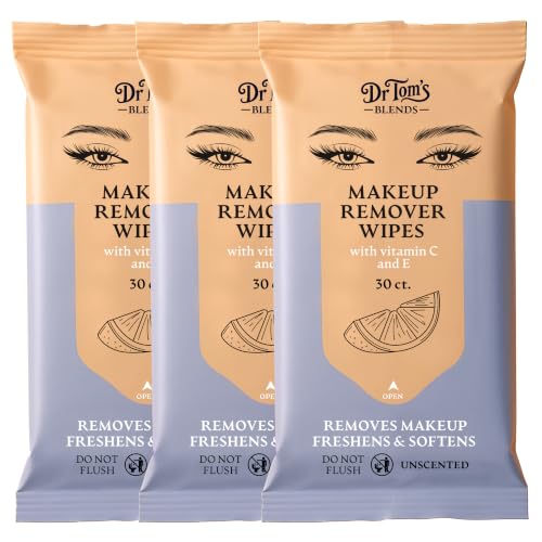 Dr. Tom’s Blends Hydrating Makeup Remover Wipes (3-Pack) with Hyaluronic Acid, Vitamin C & E, Facial Towelettes for Sensitive Skin, Removes Waterproof Makeup, 30 Count (Fragrance-Free)