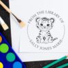 Duo Hand Tiny Tiger Custom Bookplate Stamp, Personalized Ex Libris Name Stamp for Kids or School Library