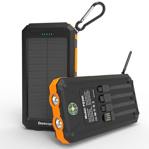 Durecopow Solar Charger Power Bank 20,000mAh, Portable Charger, 4 Cables 3 Ports Fast Charging External Battery Pack with USB C for Cell Phones, Solar Panel Charger with Dual Flashlight for Camping
