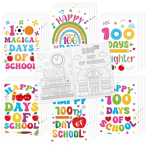 Dvbonike 24Pcs 100 Days of School Coloring Books - Happy 100th Day of School DIY Color-in Pages Cute Pencil Apple Patterns Drawing Booklet Classroom Rewards Art Activity Gifts Party Favors Supplies