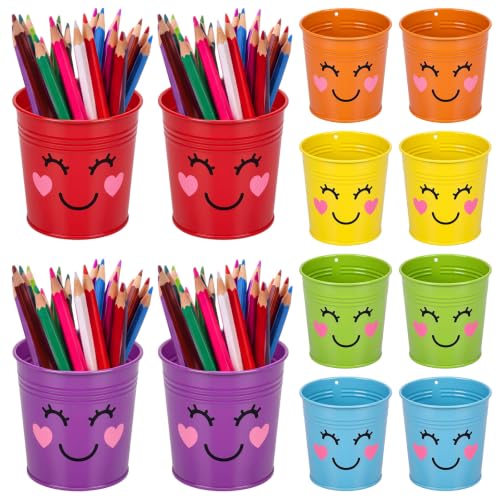 Eaasty 12 Pcs Metal Pen Holder Colorful Desktop Pencil Cup with Cute Smile Mini Stationary Supplies Buckets Cute Pencil Organizers for Office Home School Classroom Desk Crafts Accessory (Rainbow)