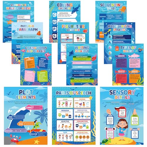 Eaasty 12 Pcs Under The Sea Classroom Decor Back to School Writing Strategies Posters Parts of Speech Posters Ocean Classroom Chart 16''x11'' ELA Class Must Haves for Elementary Kindergarten Preschool