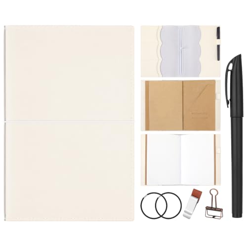 Eaasty Leather A5 Travelers Journal Notebook Cover with Inner Pockets, Card Slots and Pen Holder, Travelers Journal Inserts, PVC Folder, Binder Clip and Elastic Bands for Women Men(White)
