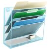 EASEPRES Desk File Organizer Mesh 4-Tier, Hanging Wall Mount Document Organization Stand, Desktop Vertical Mail Paper Folder Holder Rack with Bottom Tray for Office Home Cubicle Countertop, Blue