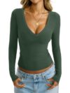 EasyGala Womens Deep V Neck Long Sleeve Shirts Sexy Slim Fitted Tops