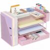 ECOLOVI Desk Organizer, 4-Tier Paper Organizer Letter Tray with File Holder, Drawer and 2 Pen Holders, Desktop File Organizer for Office Supplies, Workspace Storage, Pink