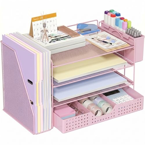 ECOLOVI Desk Organizer, 4-Tier Paper Organizer Letter Tray with File Holder, Drawer and 2 Pen Holders, Desktop File Organizer for Office Supplies, Workspace Storage, Pink