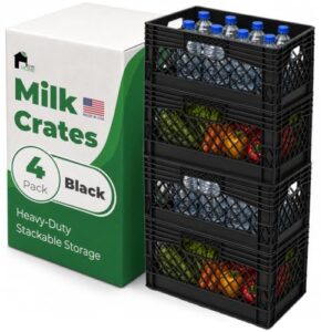 EconoHome Milk Crate - Stackable Storage Crate with Built-In Handles - Heavy Duty Plastic Material - Ventilated Organizer Bin for Garage, Pantry, Classroom, Office & Moving - Black, 19x13x11, 4-Pack