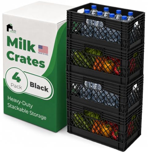 EconoHome Milk Crate - Stackable Storage Crate with Built-In Handles - Heavy Duty Plastic Material - Ventilated Organizer Bin for Garage, Pantry, Classroom, Office & Moving - Black, 19x13x11, 4-Pack