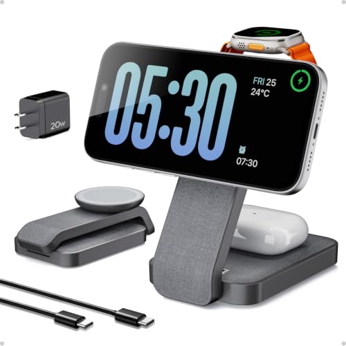 Eddibox 3 in 1 Nightstand Wireless Charging Station for MagSafe, Bedside Magnetic Charger Stand for iPhone 17 16 15 14, Foldable Travel Phone and Watch Dock with Night Light for Apple Watch/AirPods