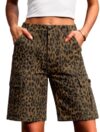Eddoyee Bermuda Cargo Shorts for Women Casual Long Knee Length High Waisted Stretch Wide Leg Summer Relaxed Fit with Pockets(Brown Cheetah, X-Large)
