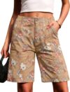 Eddoyee Bermuda Shorts for Women Cotton Long Knee Length Stretchy High Waisted Casual Chino Shorts with Pockets Relaxed Fit(Khaki Floral, 3X-Large)