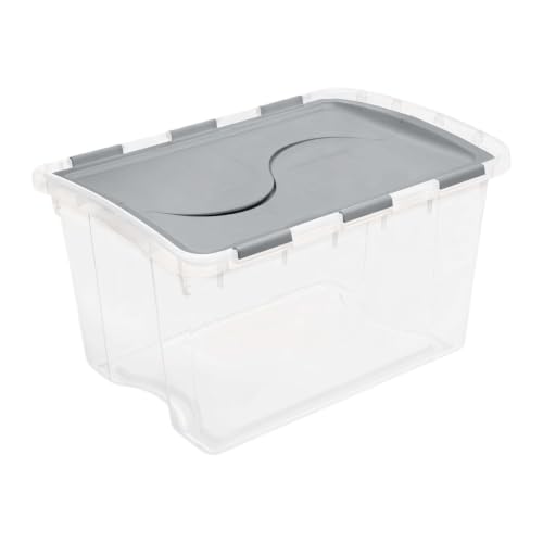 EDGUIOLV 48 Quart Clear Plastic Storage Bin With Gray Hinged Flip Lid, Stackable See-Through Container With Attached For Bedding, Sports Gear, Gardening Supplies Garage Closet Organizer