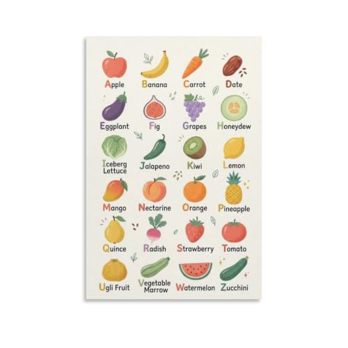 Educational Poster Featuring Fruits, Vegetables, And The Alphabet for Children; Suitable for Homeschooling, Preschools, Daycares, And Playroom Decor; A Learning Chart for Toddlers Canvas Poster Wall