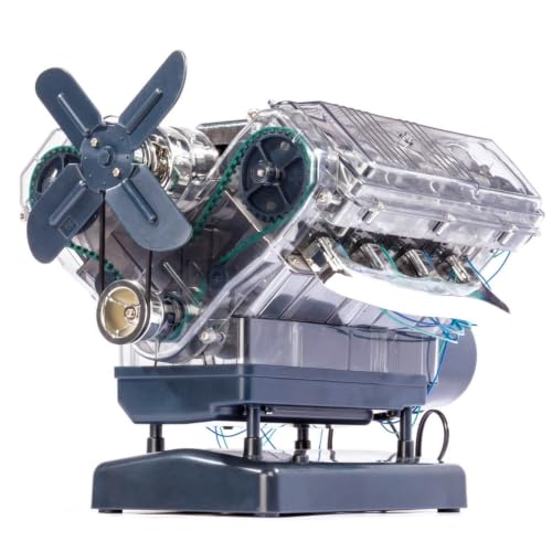 EHJRE Miniature Engine Assembly V8 Engine Model Kit Display with Transparent Housing Belt and Pulley System Metal Look Parts Educational Wiring Suitable for Office desks classrooms Home workshops