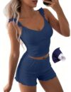 Ekouaer Women Pajama Sets Built in Bra Ruffle Cami Top Pjs Navy Blue XL