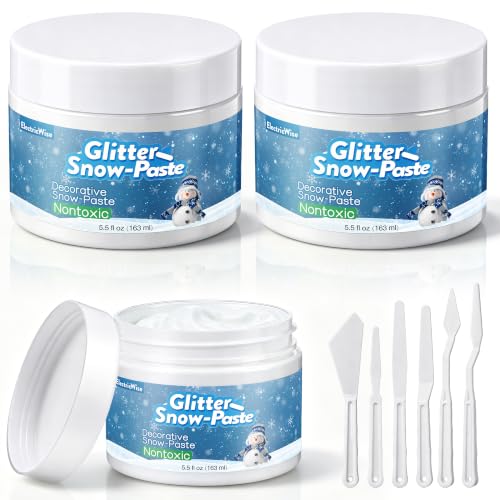 ElectricWise Glitter Snow Paste, Non Toxic Non Yellowing Snow Paste, Fluffy Crafting Glue with Sparkling Finish, Ideal for Glass Cardboard Wood Foam & All Decor Crafts(3 Pack with 6 Spreaders,5.5oz)