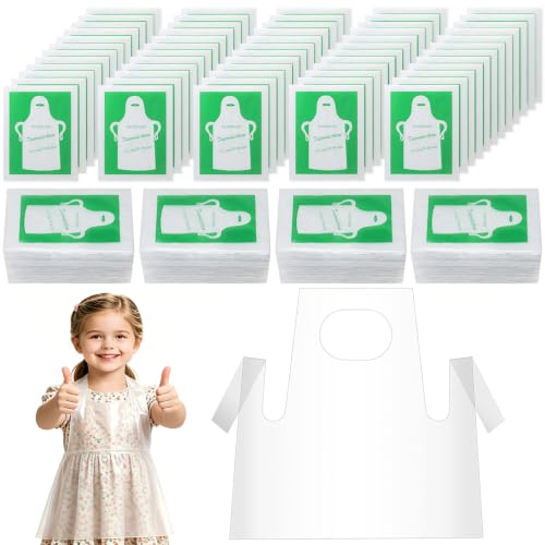Elisel Disposable Aprons for Kids Painting - 200PCS Clear Plastic Smocks Kids Art Disposable Waterproof Oil Proof Toddler Art Aprons for Craft Cooking Eating Teaching DIY 4-12 Age
