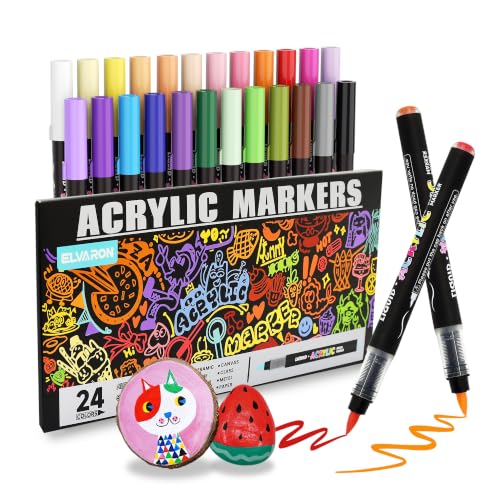 ELVARON 24 Colors Brush Tip Acrylic Paint Markers for Rock, Glass & Canvas