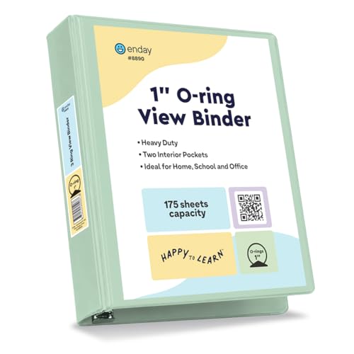 Enday 1 Inch Binders 3 Ring (Pastel Green) 3 Ring Binder 1 inch, Clear View Cover for Letter Size 8.5 x 11'' Paper & 2 Inside Pockets, Ideal for School Supplies, Office, and Home.