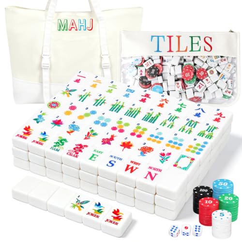 Entallor 172 American Mahjong Tiles Set, 1.2" Mini Travel Size White Engraved Melamine Mahjong Set with 2 Large & Small Canvas Bags, 5 RoIls Chips (100 Chips) & 3 Dice for Travel & Family Game Nights