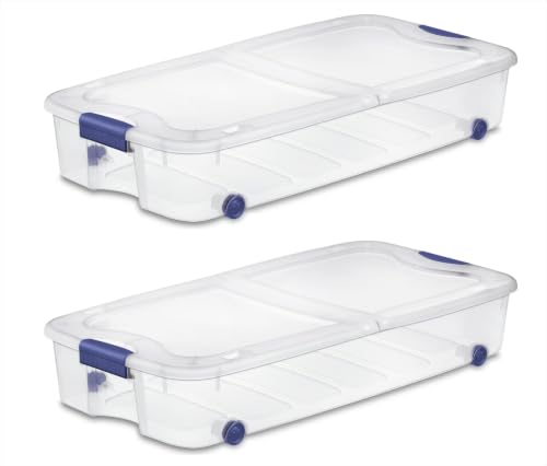ENUILSZ 66 Quart Latching Underbed Wheeled Storage Bin, 2 pack, Clear Plastic Storage Container with Latch Lid, Blue, stackable for toys, food, seasonal items in closet, garage, or pantry
