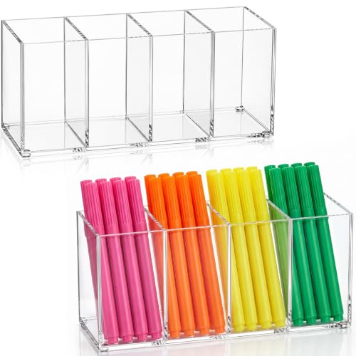 Epakh 2 Pcs 4 Compartment Acrylic Cube Organizer 4 Section Clear Acrylic Pencil Holder Small Drawer Organizer for Makeup Brush Crayon Desk Home Office Back to School Supplies(8.7 x 3 x 3.7 Inches)