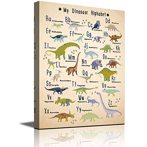 Epolkmiu Cute Animal Dinosaur Alphabet Kid Educational Chart Boys Room Canvas Wall Art for Nursery Kids Children Play Room Wall Decor Retro Parchment paper Style Unframed 20"x30"