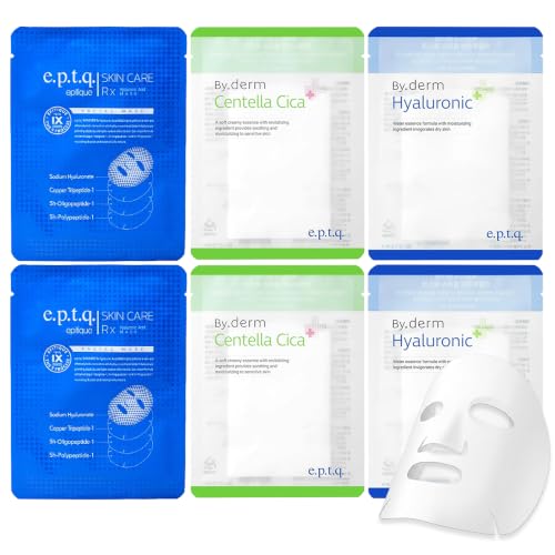 e.p.t.q. eptq Byderm Derma Variety Sheet Mask 6Pack with High concentration Hyaluronic RX x2P & Calming Centella Cica x 2P & Niacinamide + Hyaluron Plus x 2P | Derma 3combo 6 Pcs Set