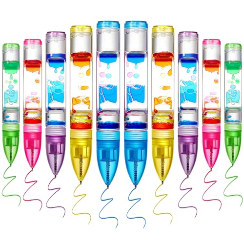 Equsion 10 Pcs Liquid Motion Bubbler Pen Toy Colorful Timer Pens for Focus, Stress, Anxiety Relief Sensory Toys for Back to School Classroom Birthday Kid Gift Office Supply (Bright Color)