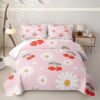 Erosebridal Cute Red Cherry Quilt Set Pretty Daisy Floral Quilt King Size for Kids Girls Watercolor Fruit Coverlet Pink White Girly Flowers Lightweight Comforter All Seasons